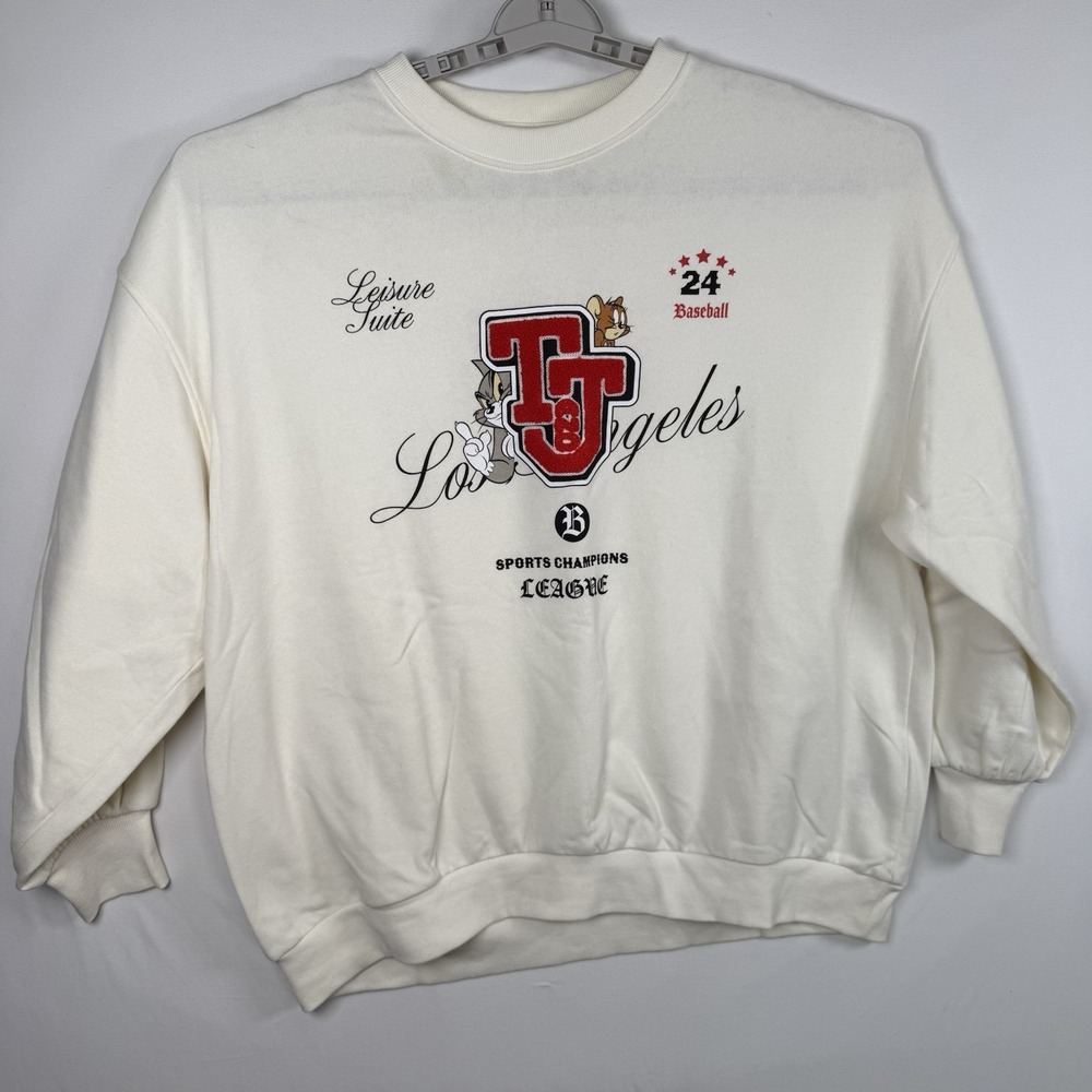 H&M Divided Sweatshirt Womens Large Cream Tom & Jerry Looney Tunes Chenille LA